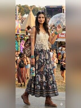 ⚪️2/$20 Bila Paisley Tiered Midi Skirt M Gauzy Festival Side Vents Colorful Boho
